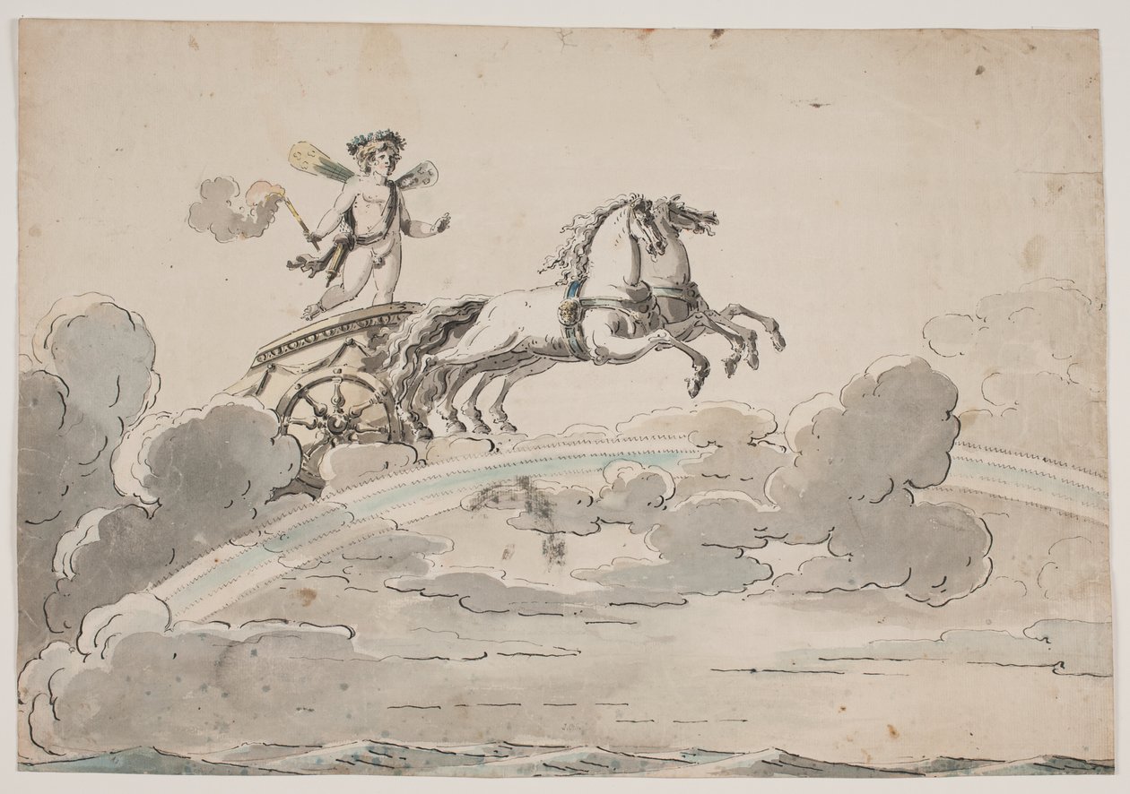 Amor (Eros) fährt in einem Wagen auf dem Regenbogen von Jens Petersen Lund