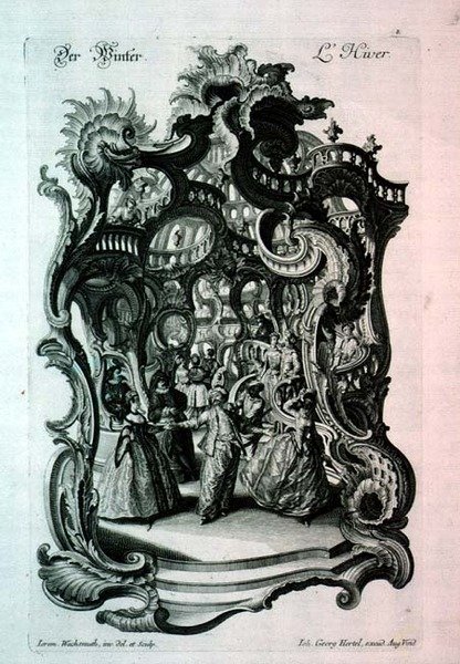 Winter, Rokoko-Notenblatt, das einen Kostümball darstellt, veröffentlicht von Johann Georg Hertel von Jeremias Wachsmuth