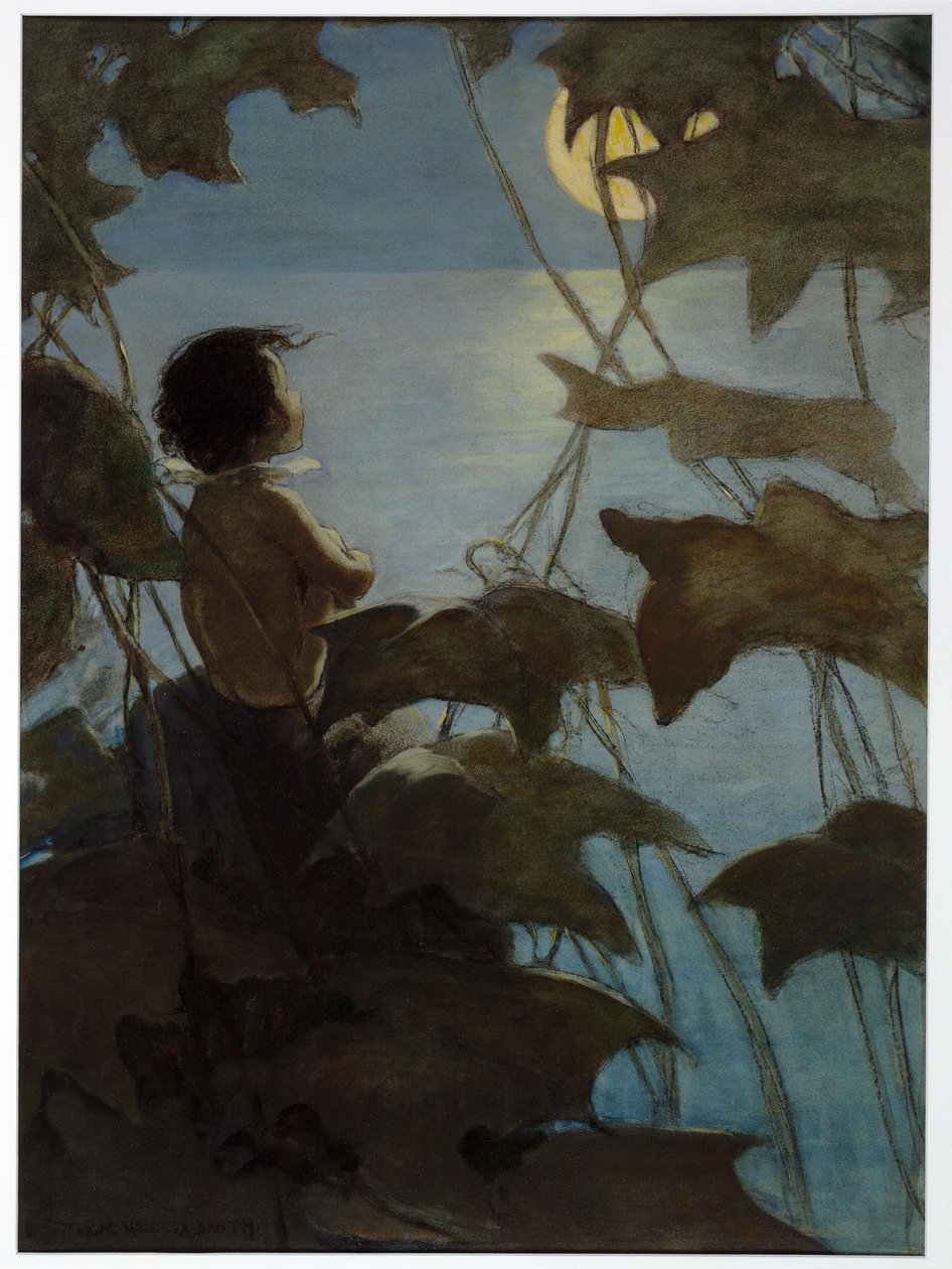 Er schaute auf den breiten gelben Mond und dachte, dass sie ihn ansah, aus The Water Babies von Charles Kingsley, veröffentlicht 1916 von Jessie Willcox Smith