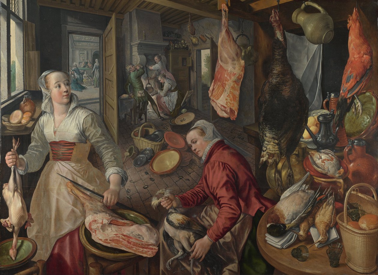 Die vier Elemente: Feuer. Eine Küchenszene mit Christus im Haus von Martha und Maria im Hintergrund - von Beuckelaer (Bueckelaer), Joachim (1533-1574) - 1569 National Gallery, London von Joachim Beuckelaer