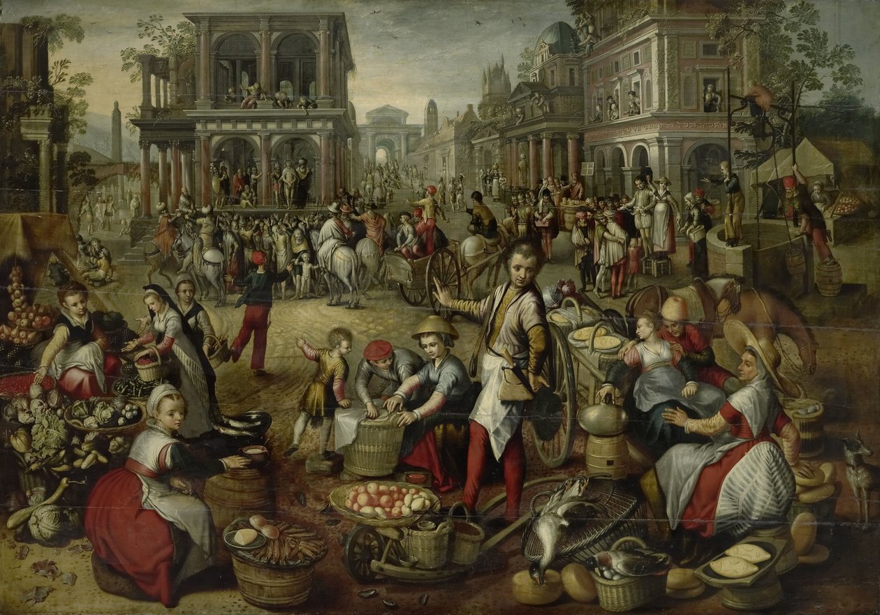 Marktplatz, mit der Geißelung, dem Ecce Homo und dem Kreuztragen im Hintergrund von Joachim Bueckelaer (copy after)