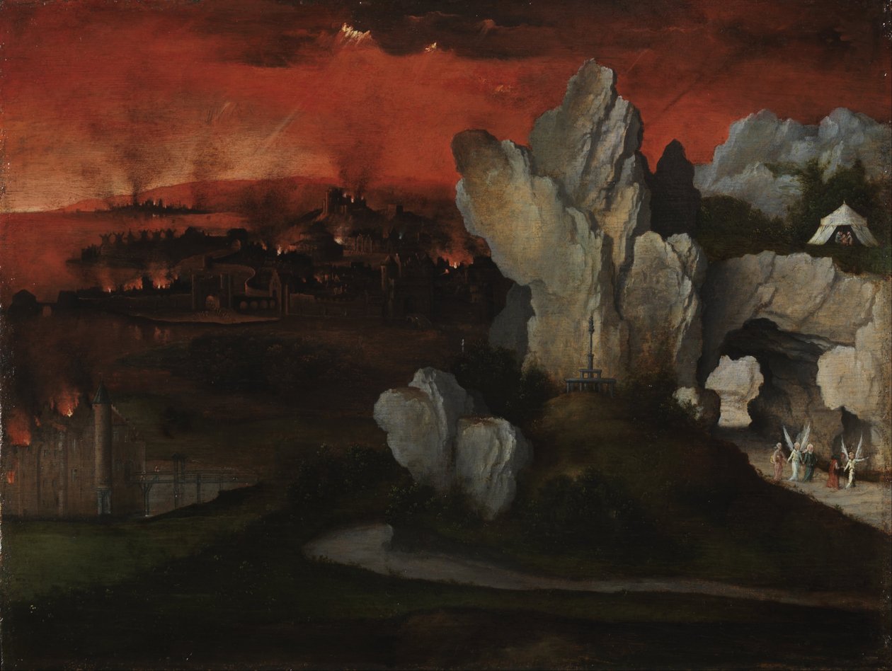 Landschaft mit der Zerstörung von Sodom und Gomorra, um 1520 von Joachim Patinir