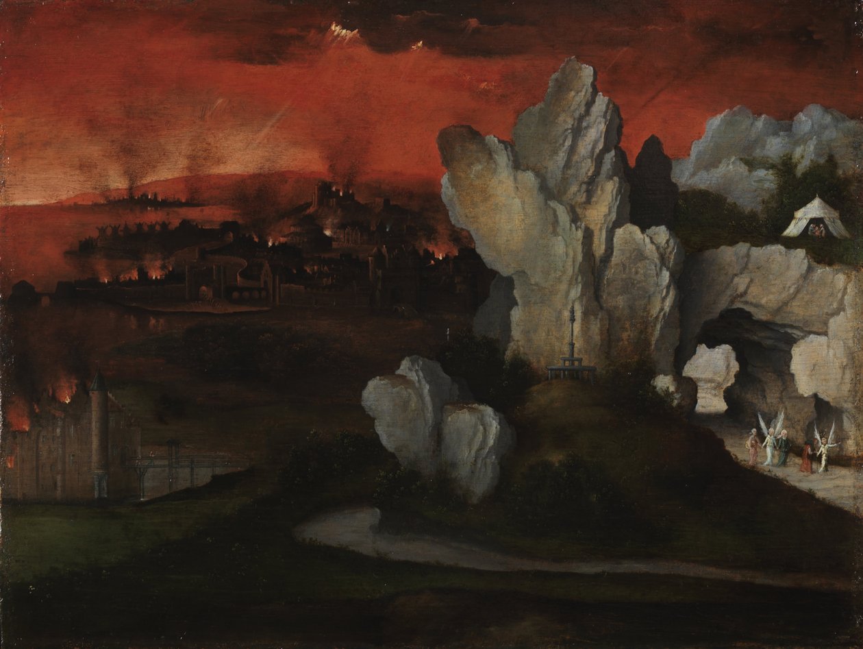 Landschaft mit der Zerstörung von Sodom und Gomorra, ca. 1520 von Joachim Patinir