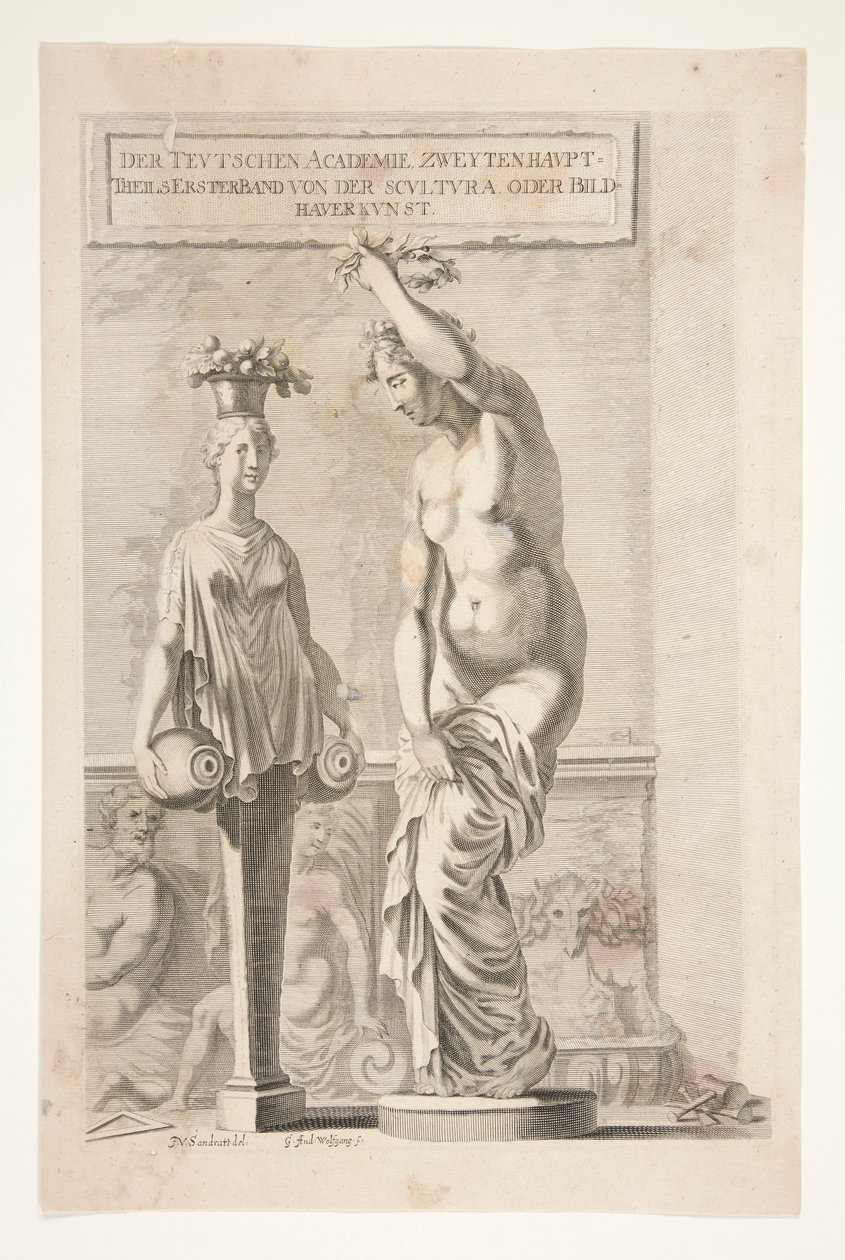 Eine Statue und eine weibliche Herm, die Vasen und Früchte trägt von Joachim von Sandrart