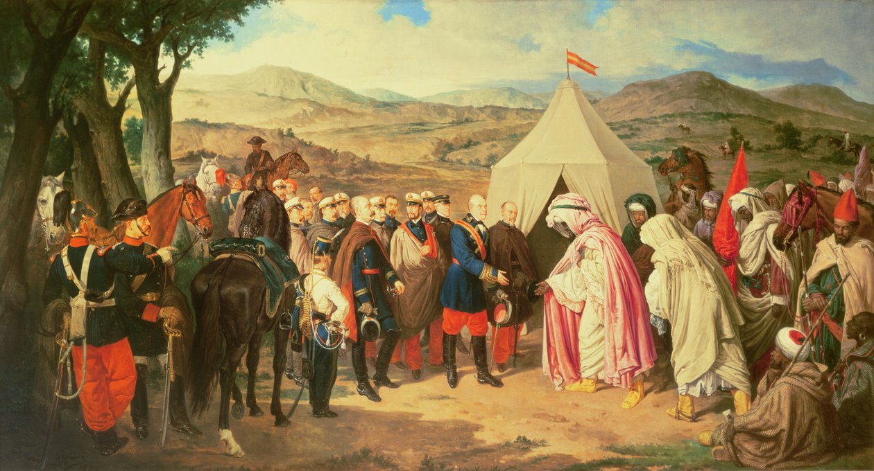 Die Spanier treffen sich mit den Marokkanern, um eine Friedensregelung zu verhandeln (Kopie von J. Chaves) von Joachin Dominguez Becquer