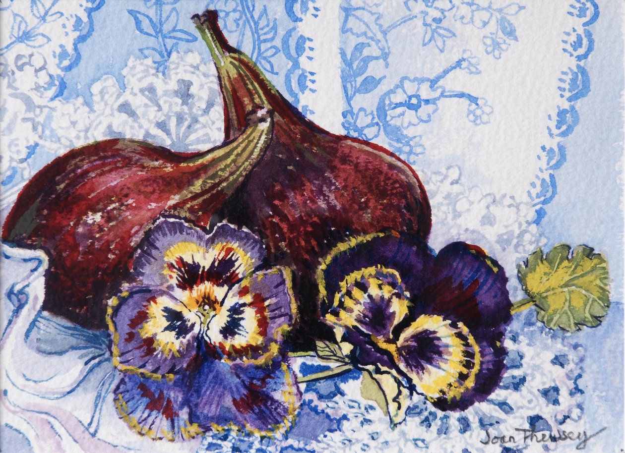 Zwei Feigen mit Stiefmütterchen, 2002 von Joan Thewsey