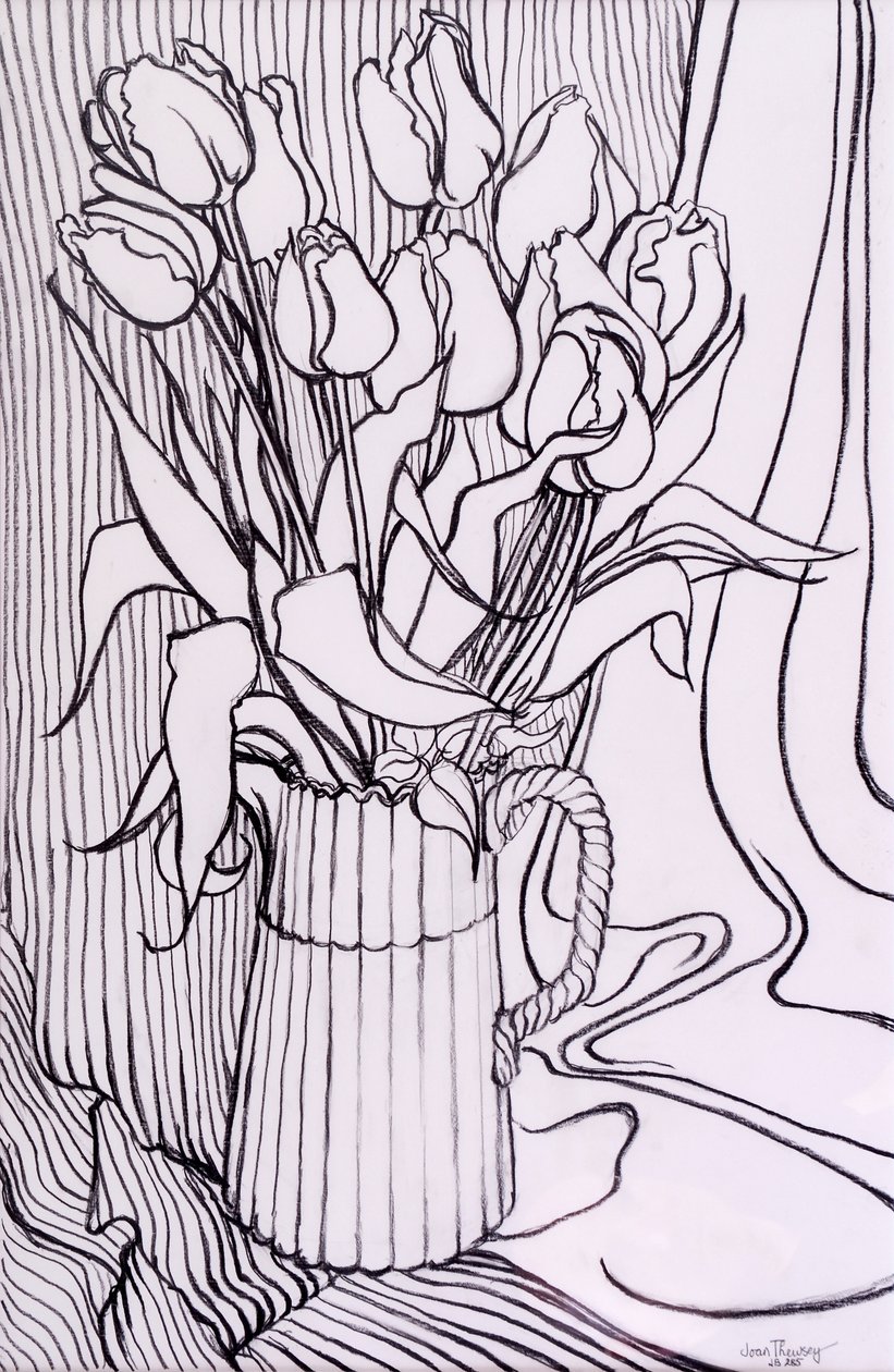 Tulpen vor einem gestreiften Tuch von Joan Thewsey