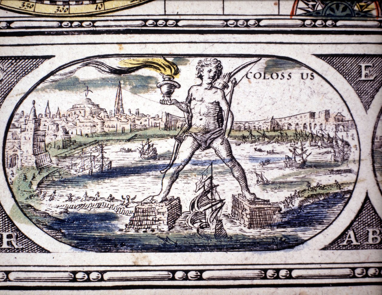 Darstellung der Sieben Weltwunder der Antike: der Koloss von Rhodos. im Atlas von Jansson Jannsonius, gedruckt in Amsterdam im Jahr 1630. Private Sammlung von Joannes Jansson