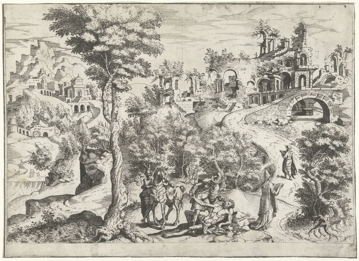 Landschaft mit dem barmherzigen Samariter von Joannes van Doetechum (I) (attributed to)