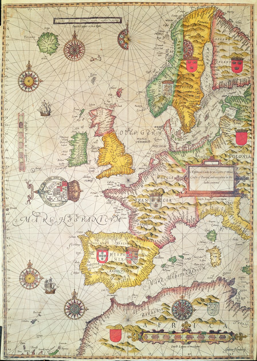 Eine allgemeine Karte und Beschreibung der Seeküsten Europas und der Navigation in diesem Buch enthalten (handkolorierter Stich) von Jodocus Hondius