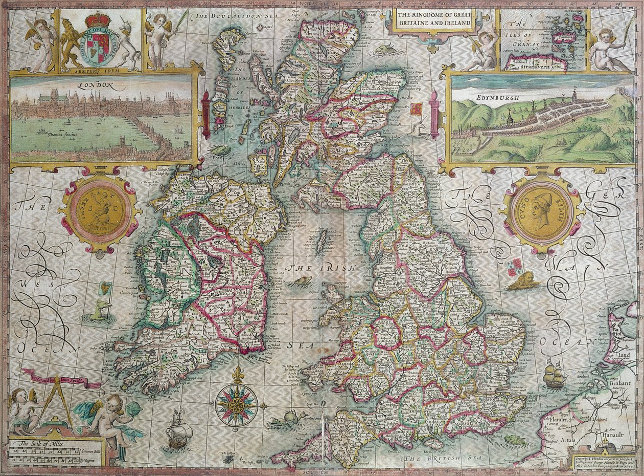 Karte des Königreichs Großbritannien und Irland, 1610 von Jodocus Hondius