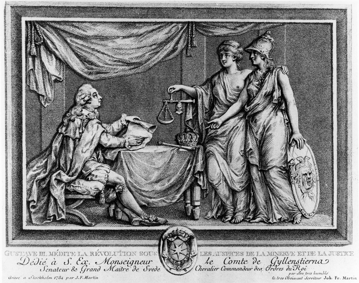 Gustav III. betrachtet die Revolution unter der Schirmherrschaft von Minerva und Gerechtigkeit, 1784 von Johan Fredrik Martin