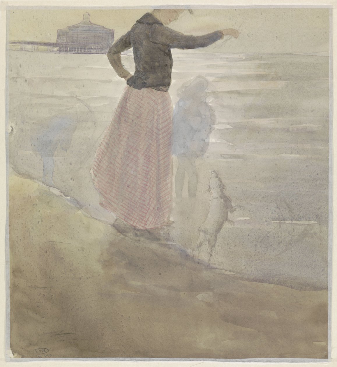 Frau mit zwei Kindern und einem Hündchen am Strand von Johan Antonie de Jonge