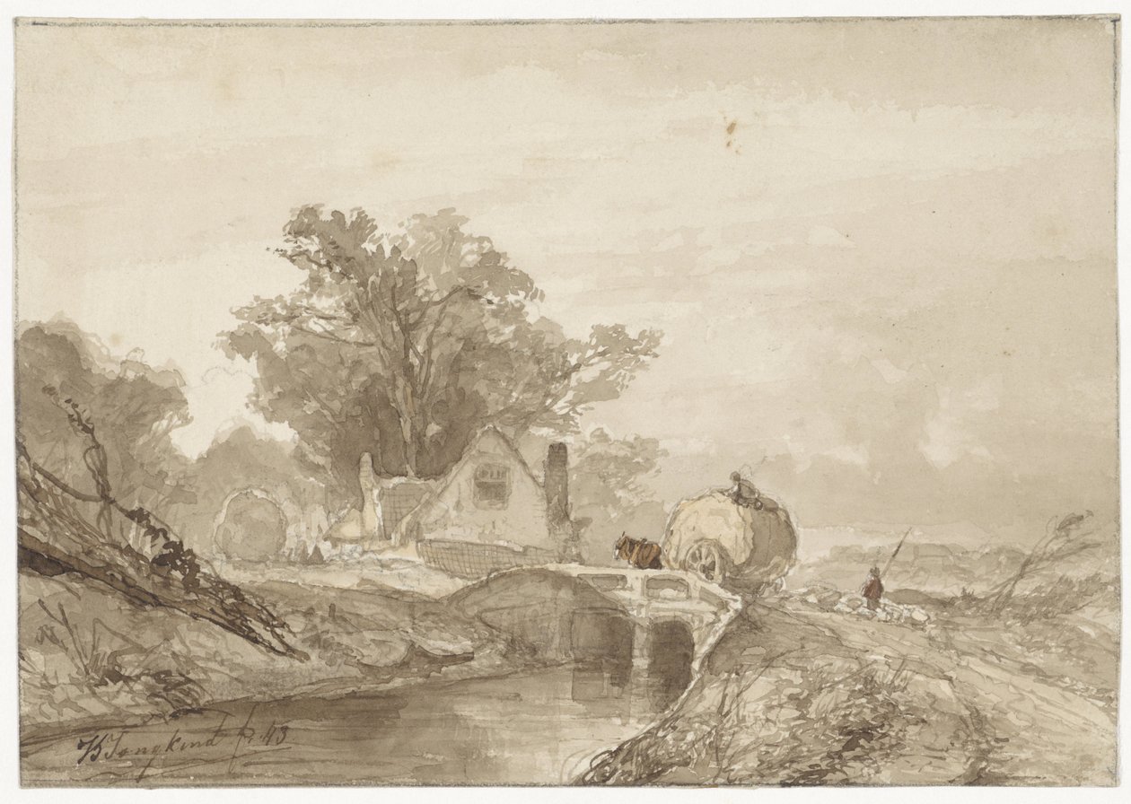 Landschaft mit einer Brücke mit einem Heuwagen darauf von Johan Barthold Jongkind