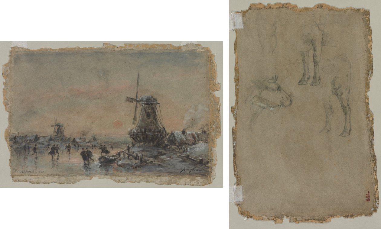 Ansicht von Arnheim (recto) Studien eines Stiers (verso) von Johan Barthold Jongkind