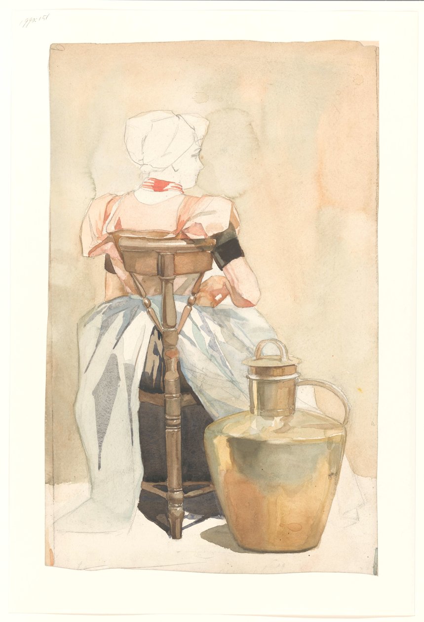 Sitzendes Mädchen in Tracht, von hinten gesehen von Johan Braakensiek