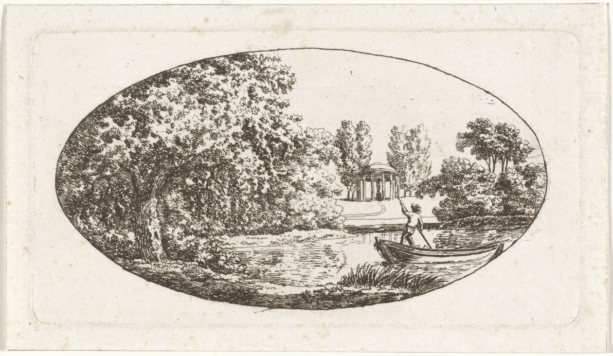 Teich mit einem Tempel und einer Statue am anderen Ufer von Johan Christiaan Willem Safft