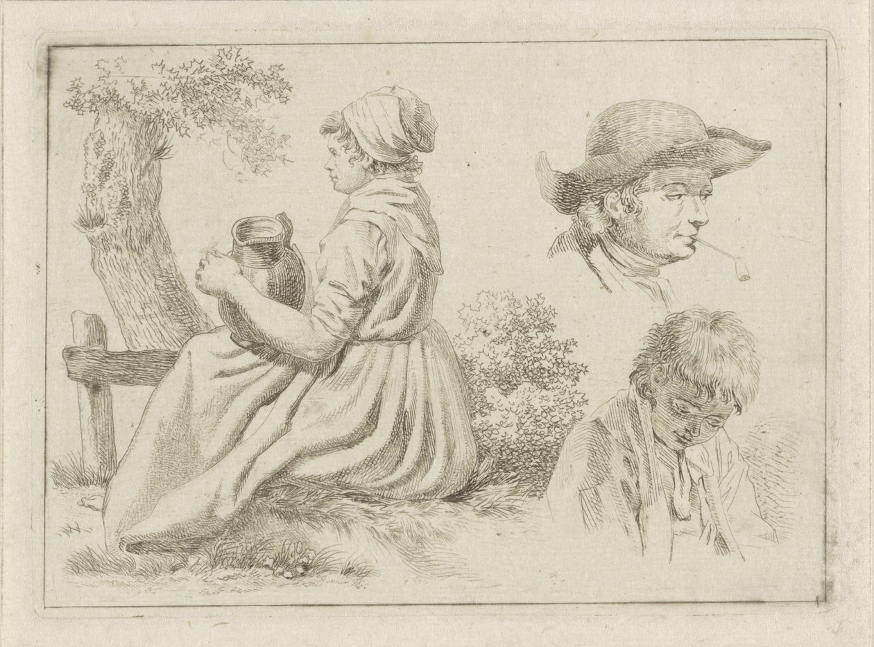 Sitzende Frau mit Krug, Porträt eines Mannes mit Pfeife und eines Jungen von Johan Christiaan Willem Safft