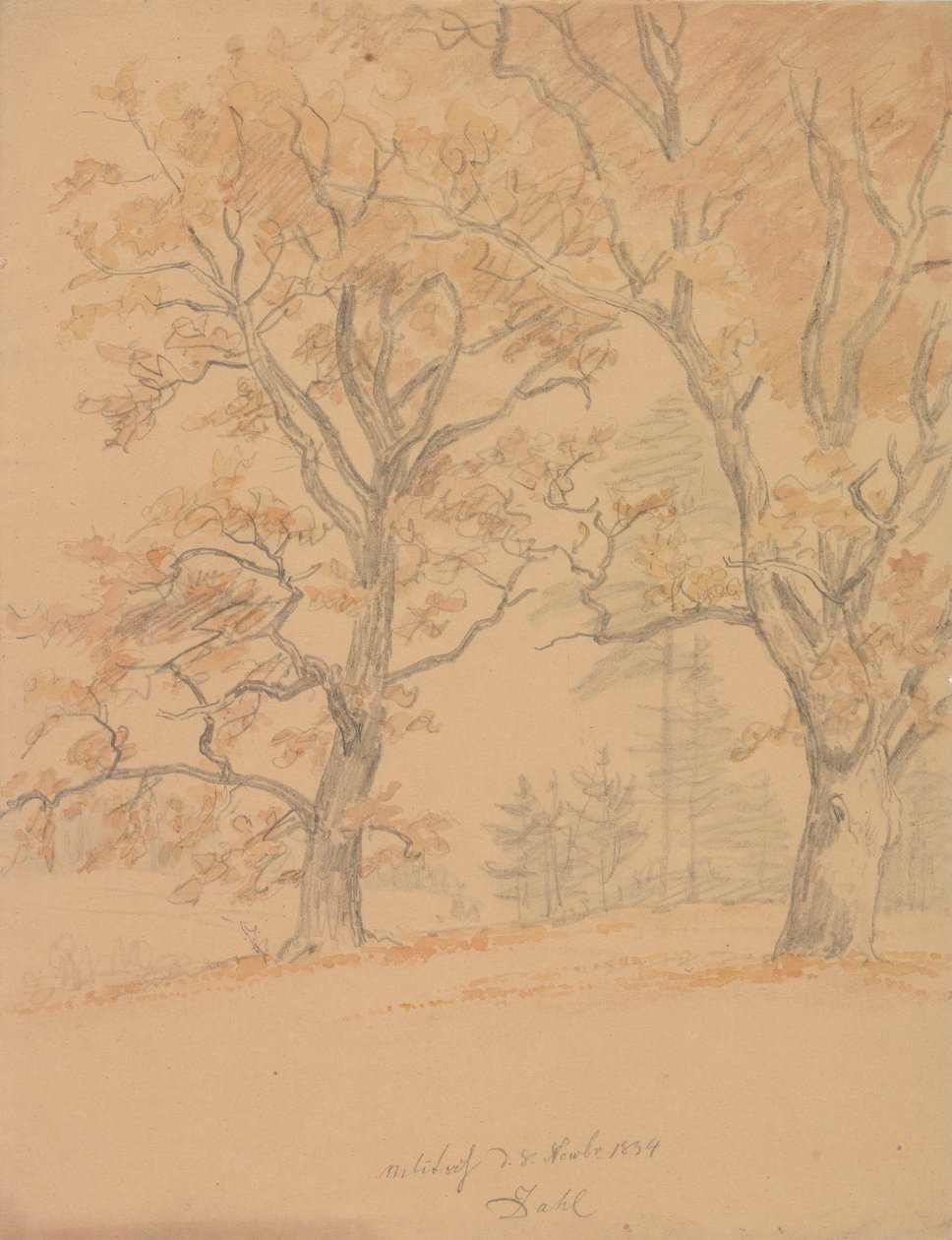 Zwei Eichen mit Herbstlaub von Johan Christian Dahl