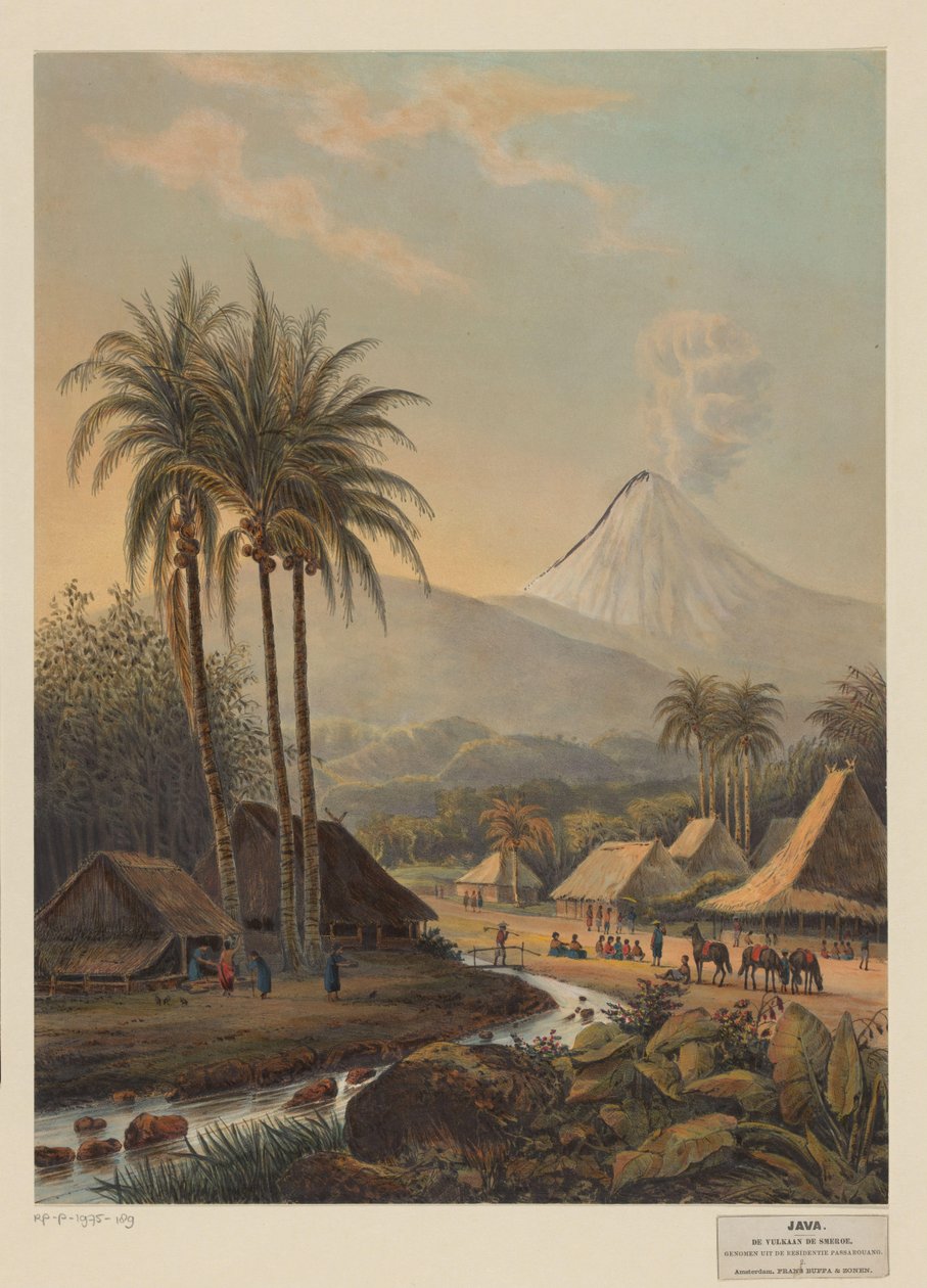 Ansicht eines Dorfes und des Vulkans Semeru auf Java von Johan Conrad Greive