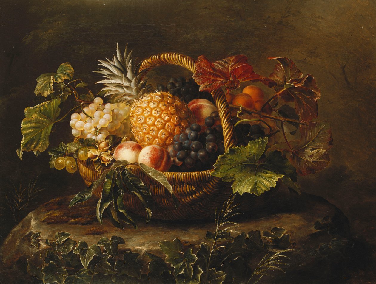Eine Ananas, Trauben, Pfirsiche und Aprikosen in einem Korb von Johan Laurents Jensen