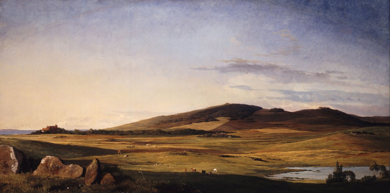 Seeländische Landschaft. Blick von Bjerresø Mark in Richtung Vejrhøj und Dragsholm Schloss von Johan Lundbye