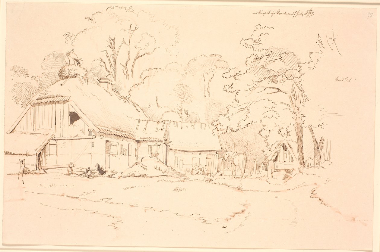 Bondehus mit einem Storchennest auf dem Dach von Johan Thomas Lundbye