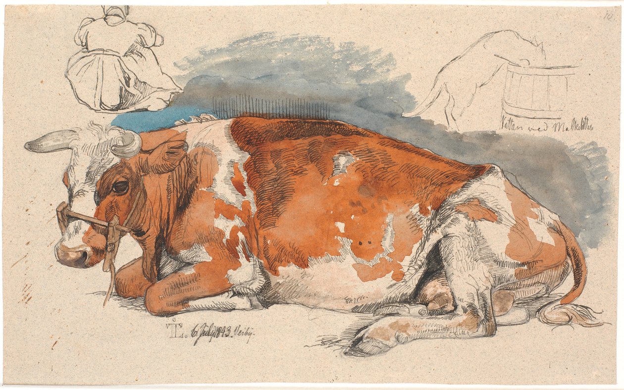 Liegende Kuh. Oben links ein sitzendes Bauernmädchen, rechts eine Katze, die aus einer Milchschüssel trinkt von Johan Thomas Lundbye