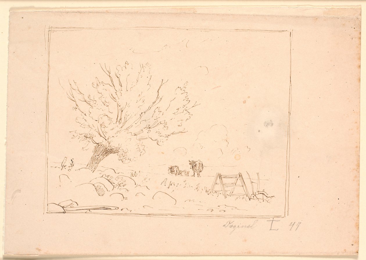 Marklandschaft mit einer Weide bei großen Steinen, einem Hahn, einem Pflug und drei Kühen von Johan Thomas Lundbye