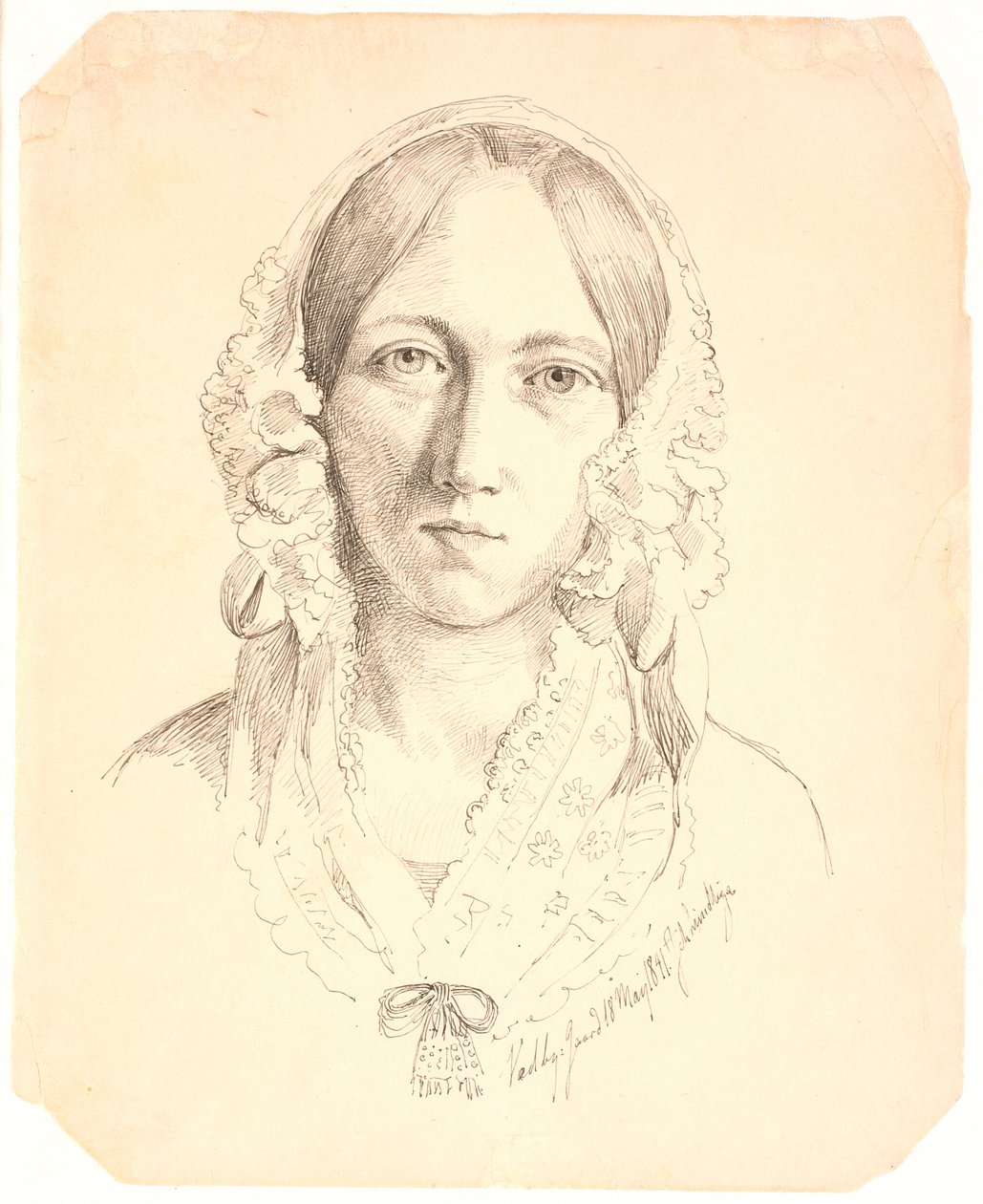 Porträt einer jungen Frau, en face. Möglicherweise Louise Marie Neergaard (1816-1895) darstellend von Johan Thomas Lundbye