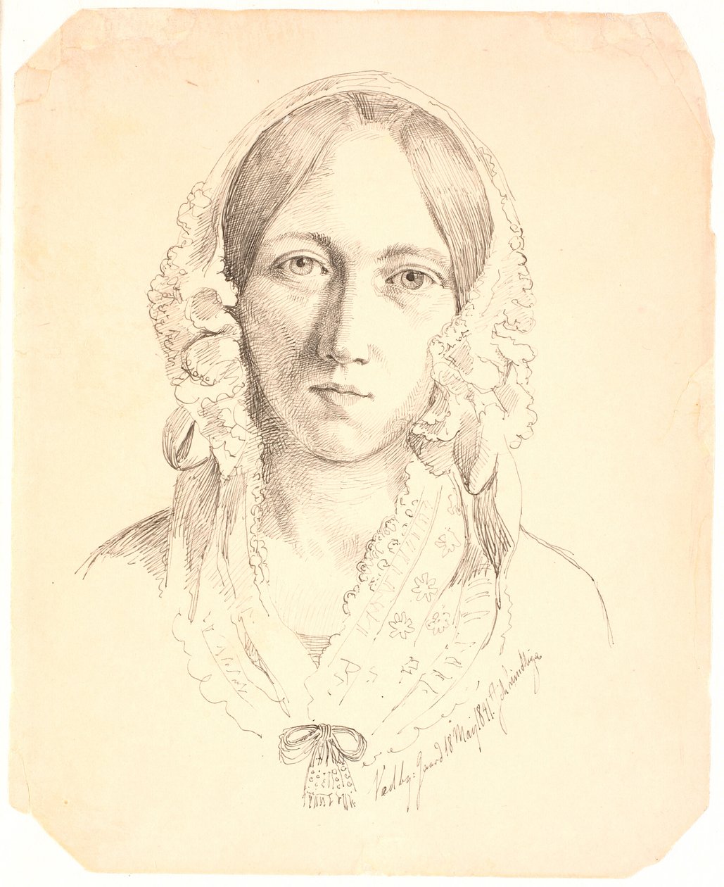 Porträt einer jungen Frau, en face. Möglicherweise Louise Marie Neergaard (1816-1895) darstellend von Johan Thomas Lundbye