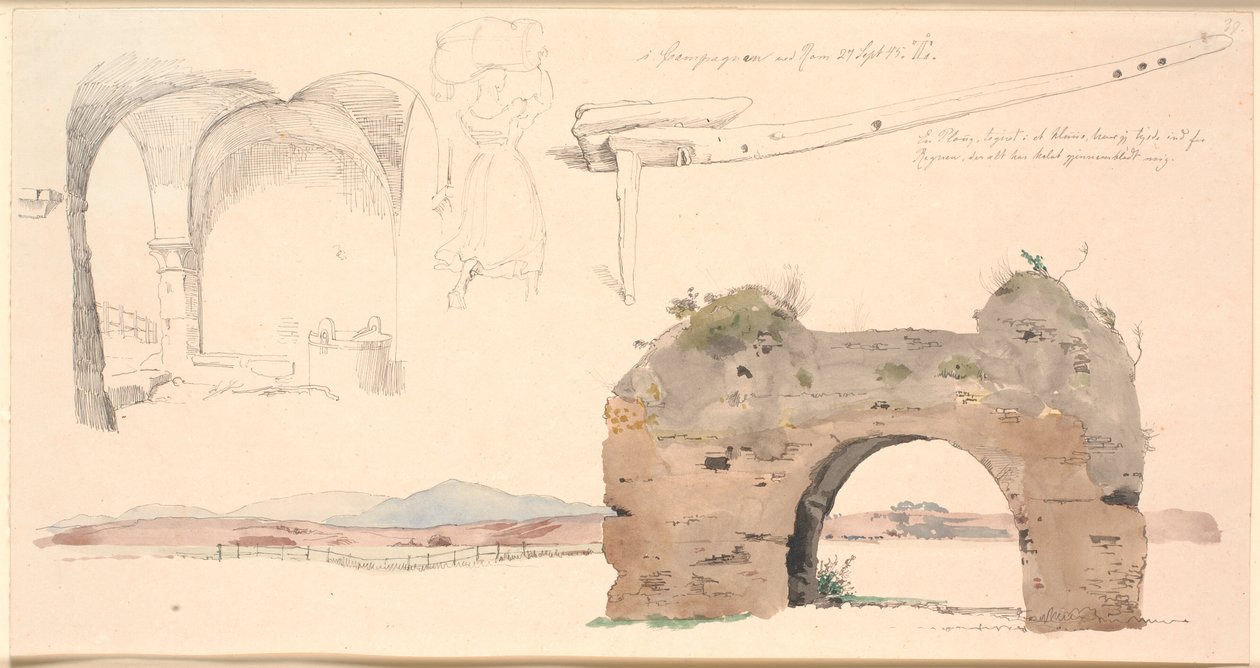 Studienblatt von der römischen Campagna, Italien. Unten Aquarellstudie eines römischen Aquädukts mit Blick auf niedrige Berge. Links eine Studie eines offenen Raums mit flachen Gewölben, in der Mitte eine Italienerin, die ein großes Bündel auf dem Kopf trä von Johan Thomas Lundbye