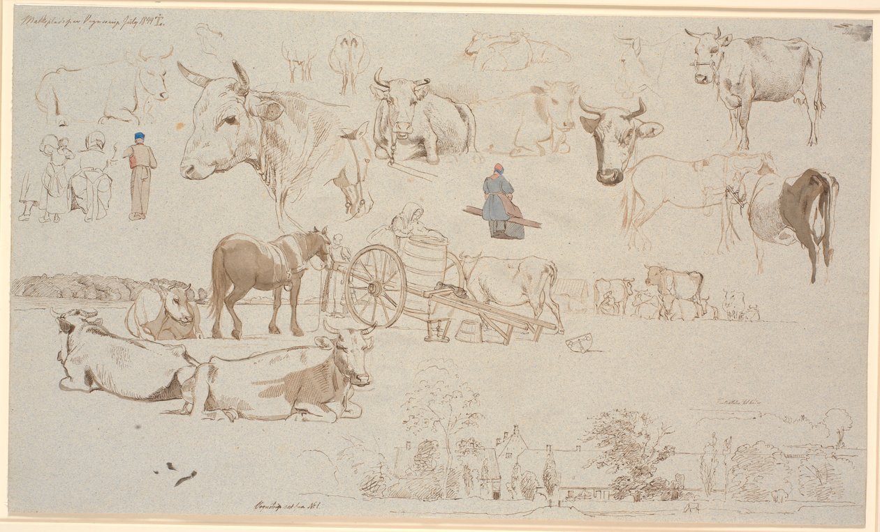 Studienblatt vom Melkplatz in Vognserup. Oben vor allem Studien von Kühen, in der Mitte u.a. Melkwagen und unten Hauptgebäude und Nebengebäude von Vognserup von Johan Thomas Lundbye
