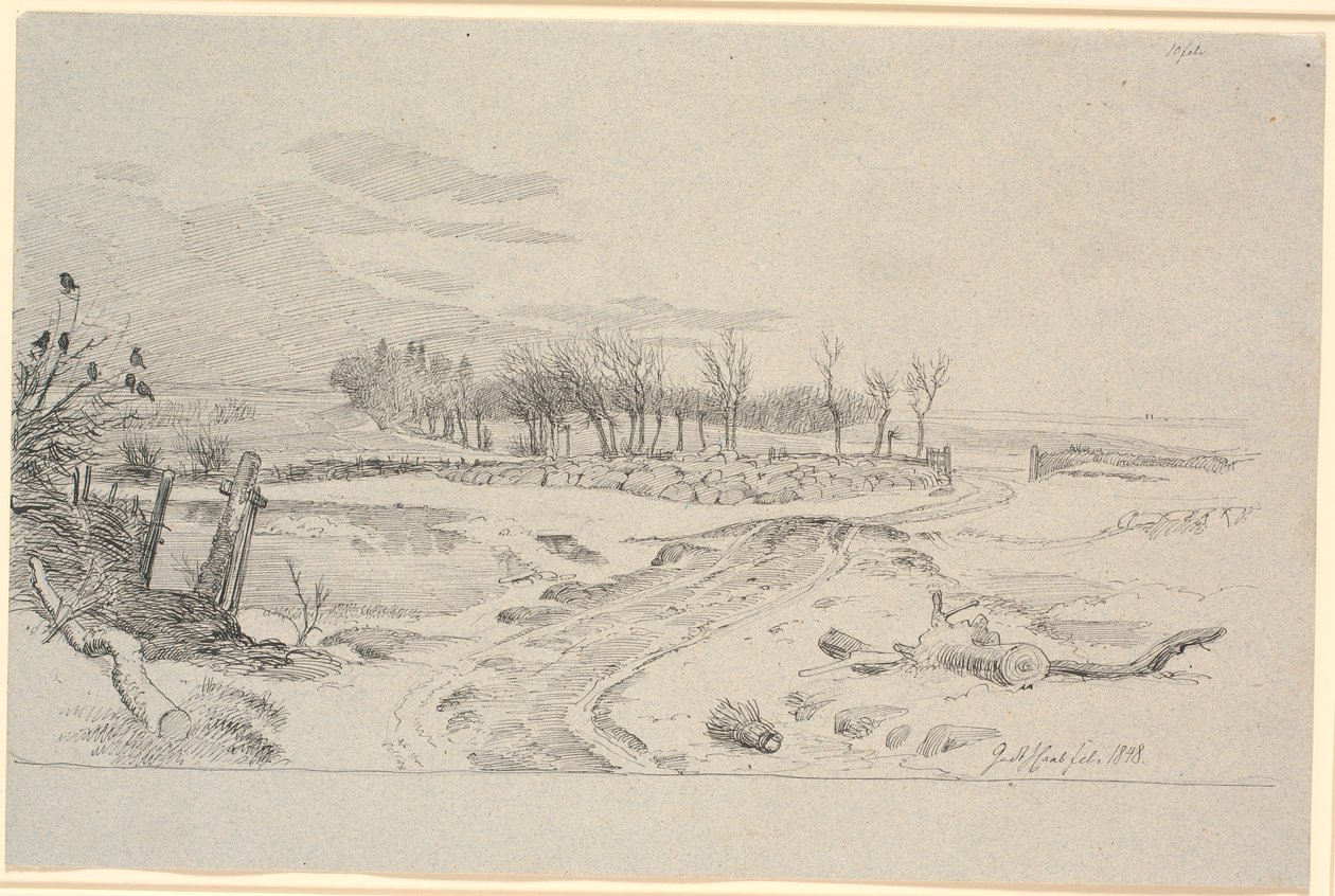 Winterlandschaft mit einem Weg, der sich über die Felder durch ein Steintor schlängelt von Johan Thomas Lundbye