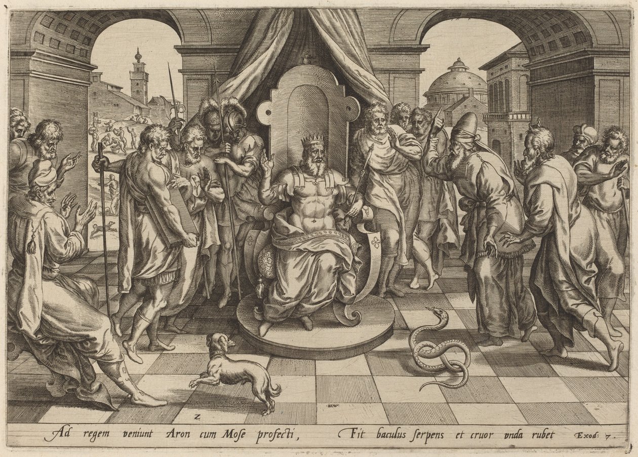 Moses und Aaron vor dem Pharao von Johan Wierix, after Maarten van Cleef