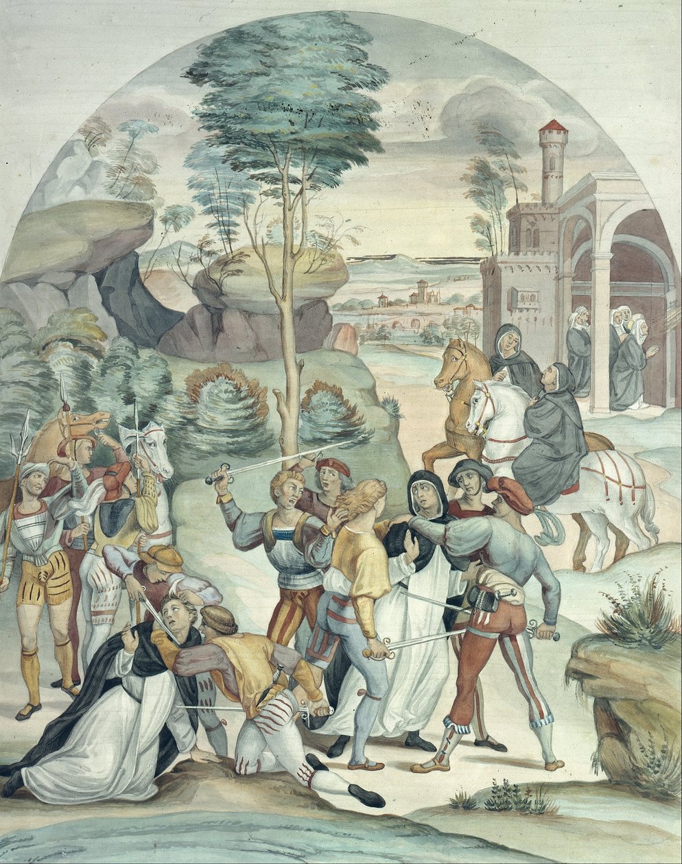 Die heilige Katharina von Siena rettet zwei Dominikaner aus den Händen von Räubern von Johann Anton Ramboux