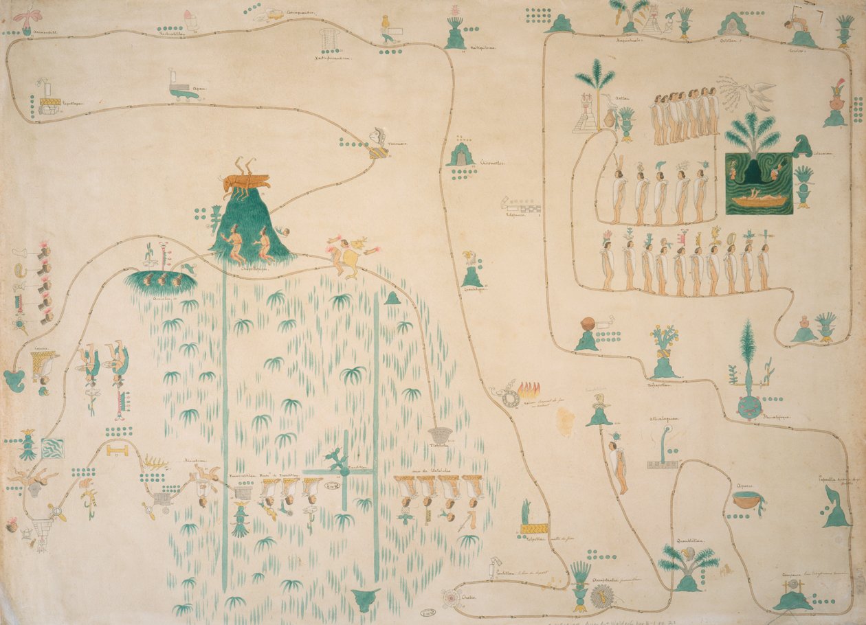 Glyphenkarte der aztekischen Migration von Aztlan nach Tenochtitlan, veröffentlicht um 1830 von Johann Friedrich Maximilian von Waldeck