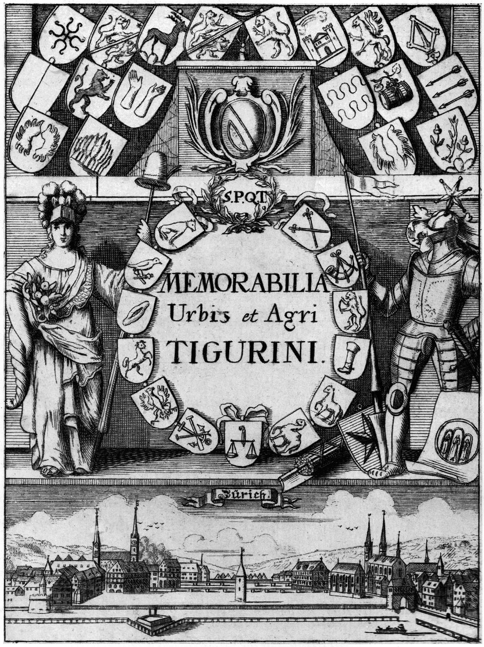 Titelkupfer der 1742 erschienenen dritten, erweiterten Auflage von Hans Heinrich Bluntschlis Memorabilibus Tigurinis von Johann Melchior Füßli