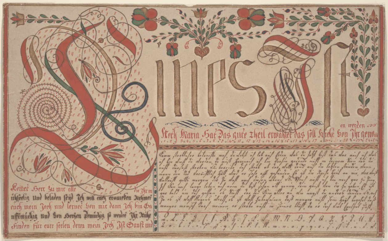 Schreibübung Vorschrift für Esther Hadmän, Frakturmalerei von Johann Adam Eyer