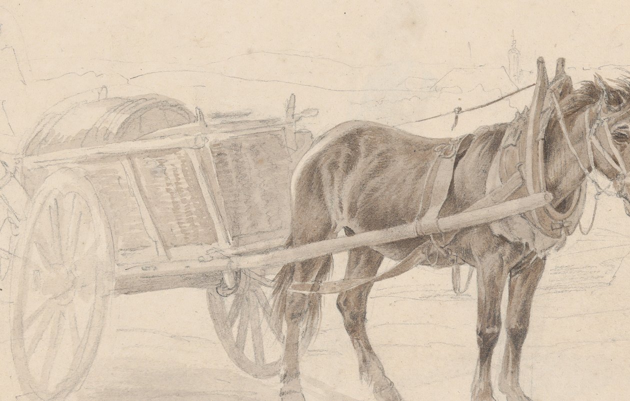 Ein von einem braunen Pferd gezogener Wagen in der Nähe eines Laternenpfahls, Verso: Eine Gruppe berittener Offiziere von Johann Adam Klein