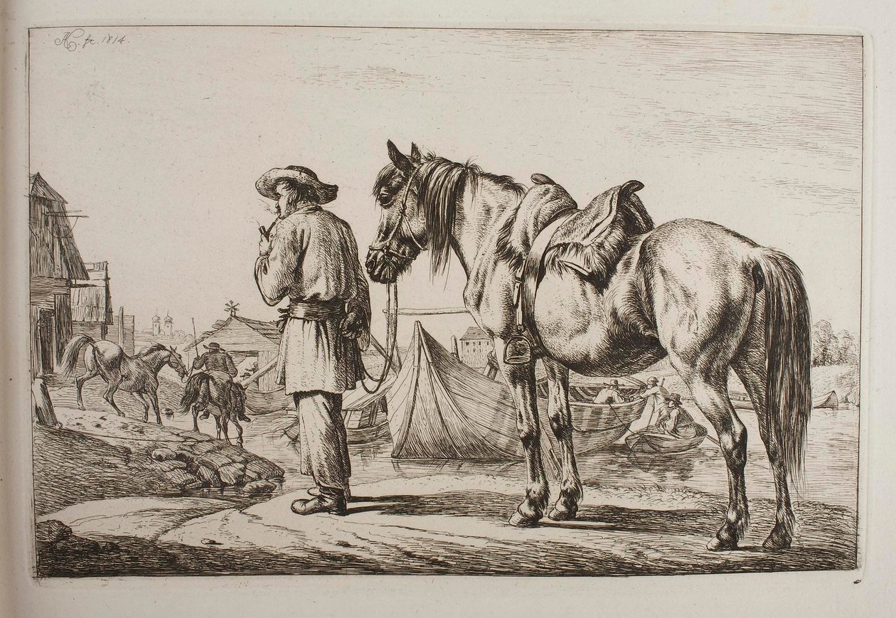 Ein Slowake mit seinem Pferd an einem Fluss von Johann Adam Klein