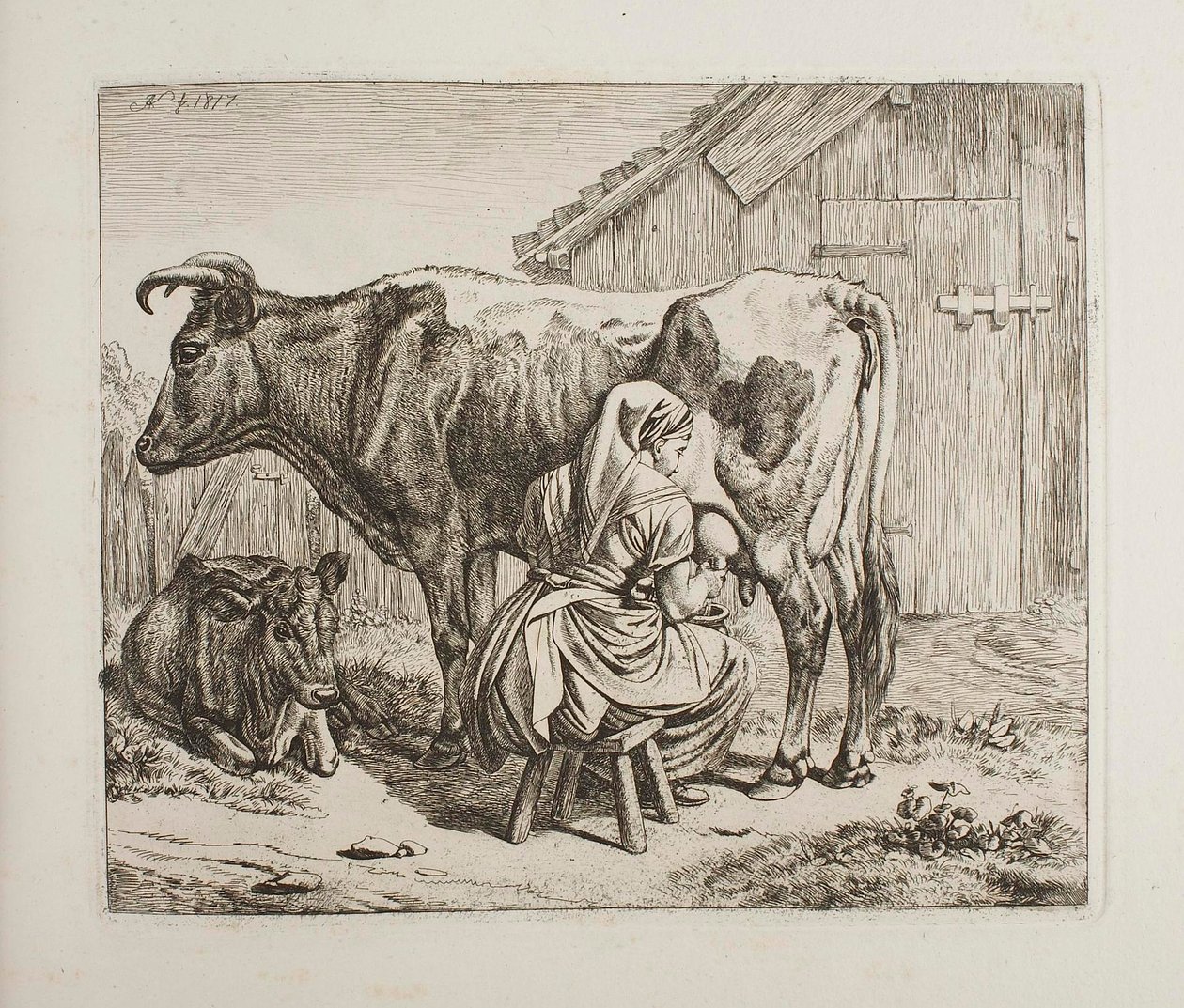 Kuh mit Kalb beim Melken von Johann Adam Klein
