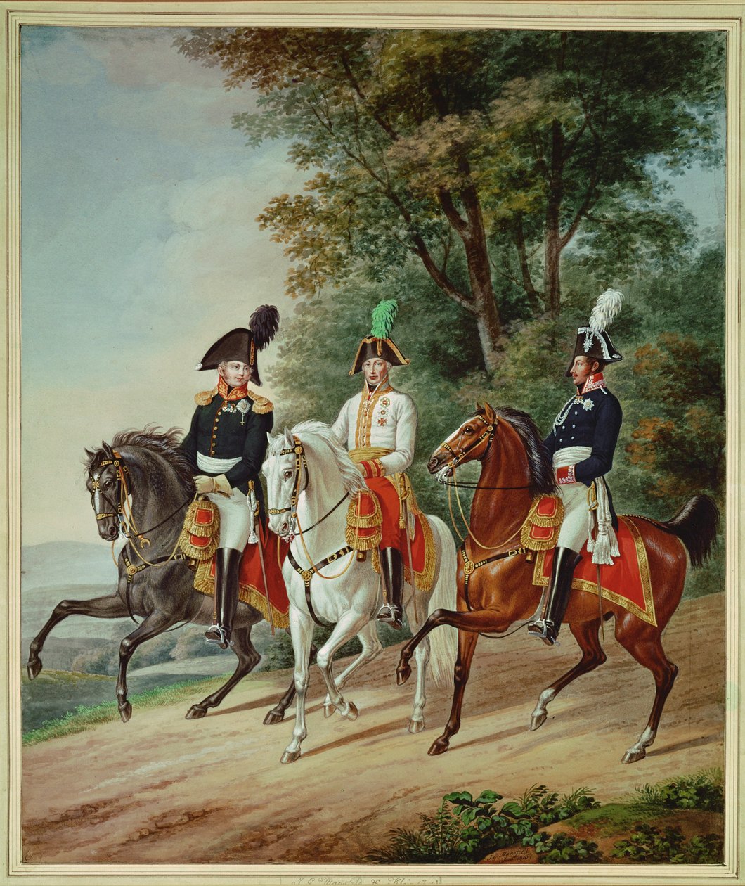 Die drei Monarchen zu Pferd: Kaiser Franz I., Zar Alexander I., König Friedrich Wilhelm III. von Johann Adam & Mansfeld Johann Georg (1764-1817) Klein