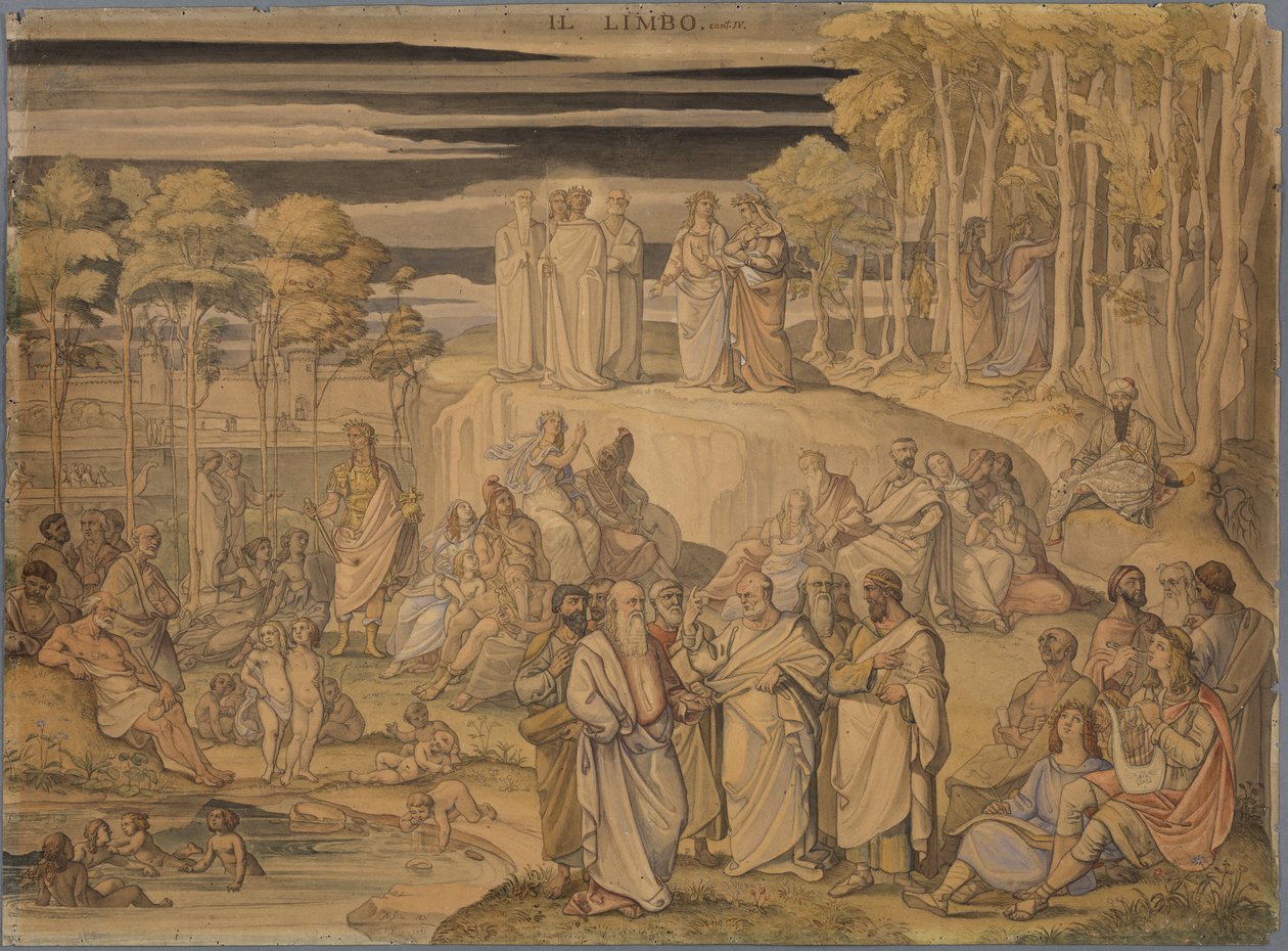 Dante im Limbus, oder der Aufenthalt guter Seelen, aber nicht getaufter Menschen. Hier trifft er die großen Geister der antiken Zeiten und die unschuldigen Kinder von Johann Anton Ramboux