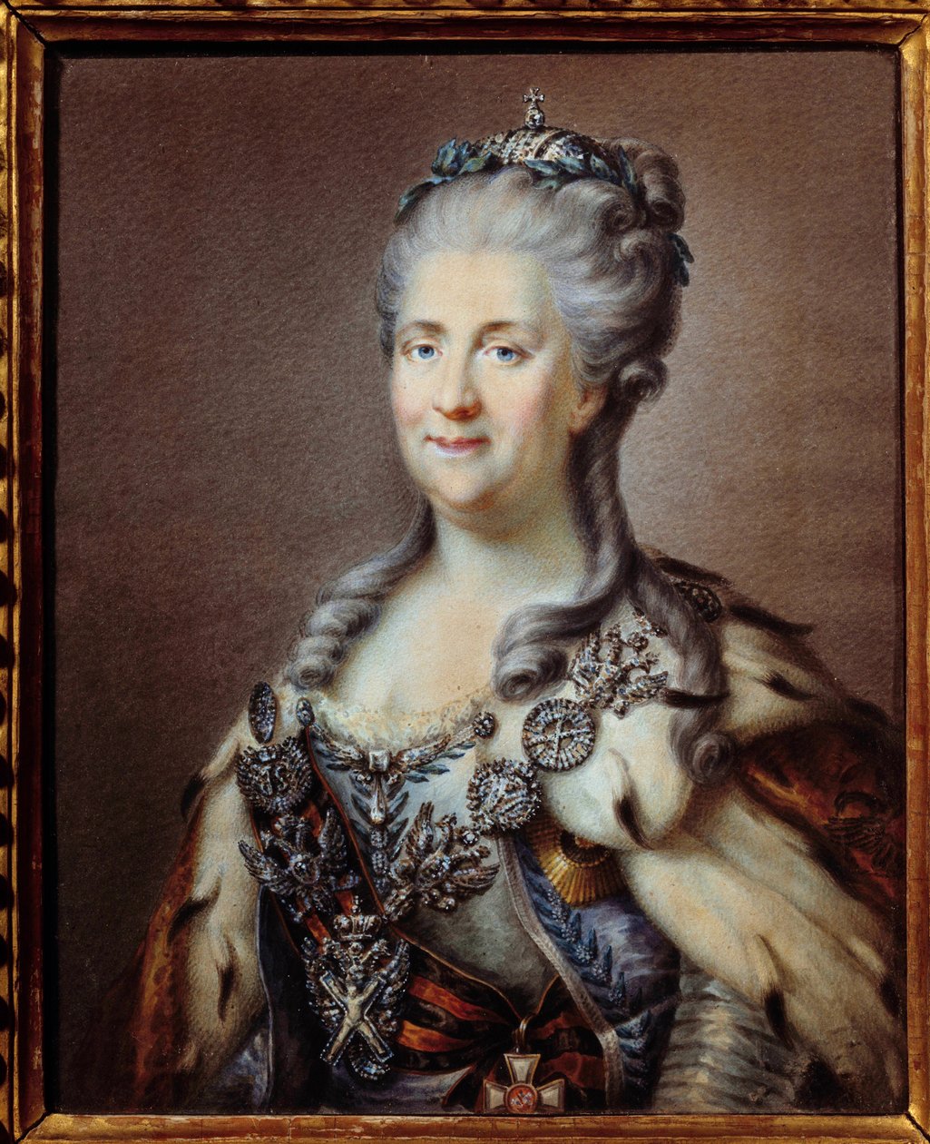 Porträt von Katharina II. (1729-1796), Kaiserin von Russland, mit der Halskette des Heiligen Andreas und dem Band des Kreuzes des Heiligen Georg. Anonyme Aquarell des 18. Jahrhunderts, nach dem Gemälde von Johann Baptist von Lampi (1751-1830) Paris, Museum von Johann Baptist I (after) Lampi