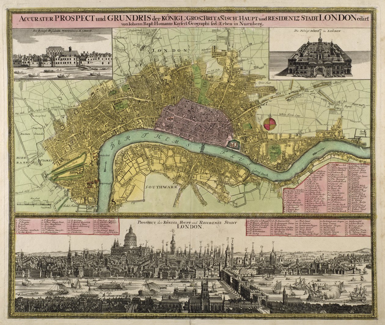 Karte und Aussicht von London, ca. 1710 von Johann Baptista Homann