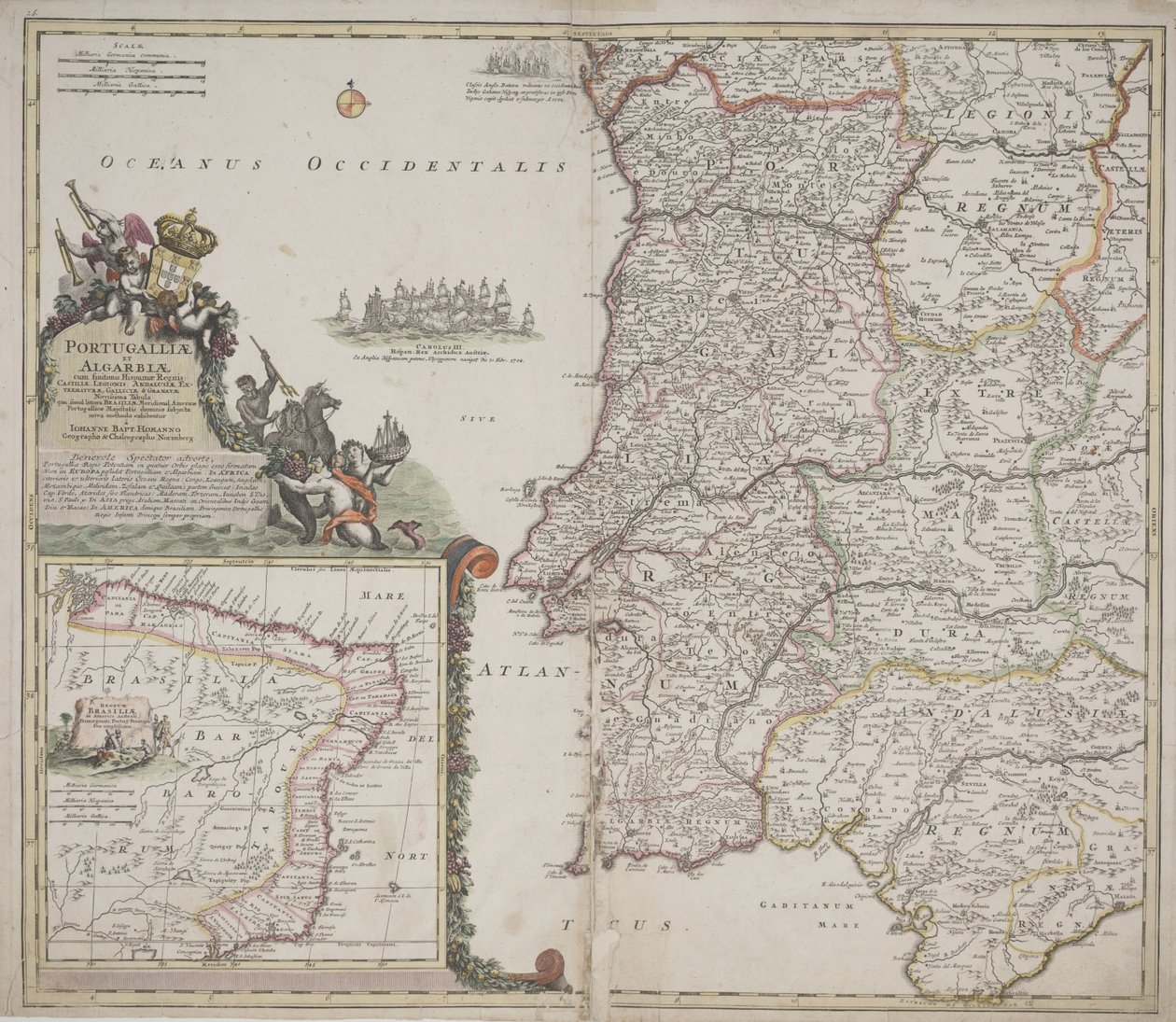 Portugal und Algarve (Portugallia et Algarbiae), ca. 1704 (handkolorierter Stich) von Johann Baptista Homann