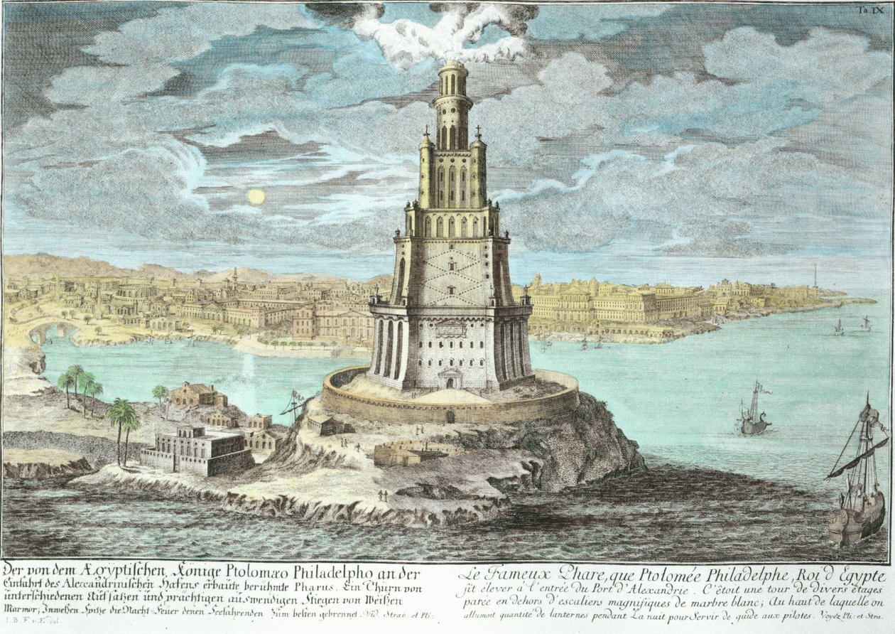 Leuchtturm von Alexandria, erbaut von Ptolemaios dem Großen (36-nach 30 v. Chr.), Ägypten, aus Entwurf einer historischen Architektur, graviert von Johann Adam Delsenbach (1687-1765) 1721 von Johann Bernhard Fischer von Erlach