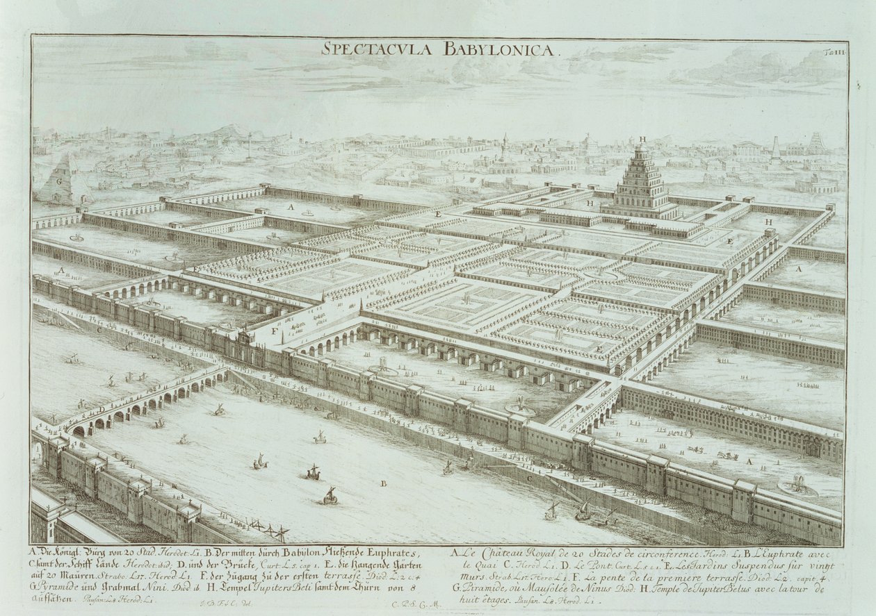 Panoramablick auf den Königspalast und die Hängenden Gärten von Babylon, aus 