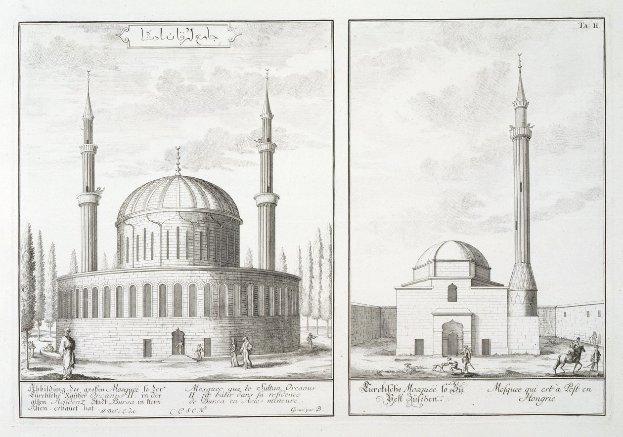 Ansicht einer Moschee in Bursa und einer Moschee in Ungarn, aus 